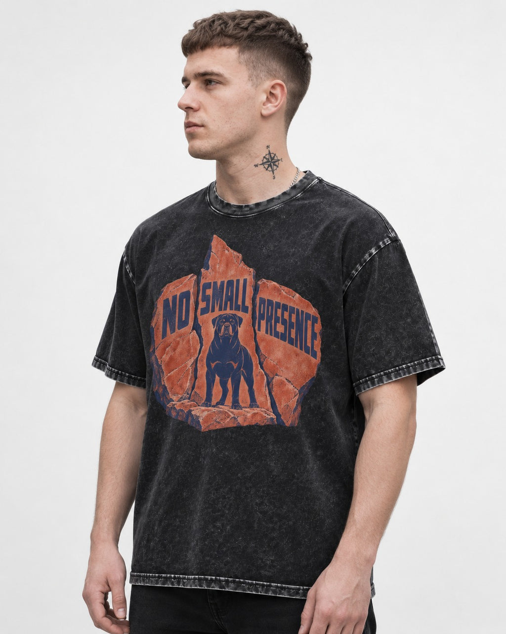Rottweiler No Small Presence Monument Rock Graphic Washed Tee in Black, worn by a model