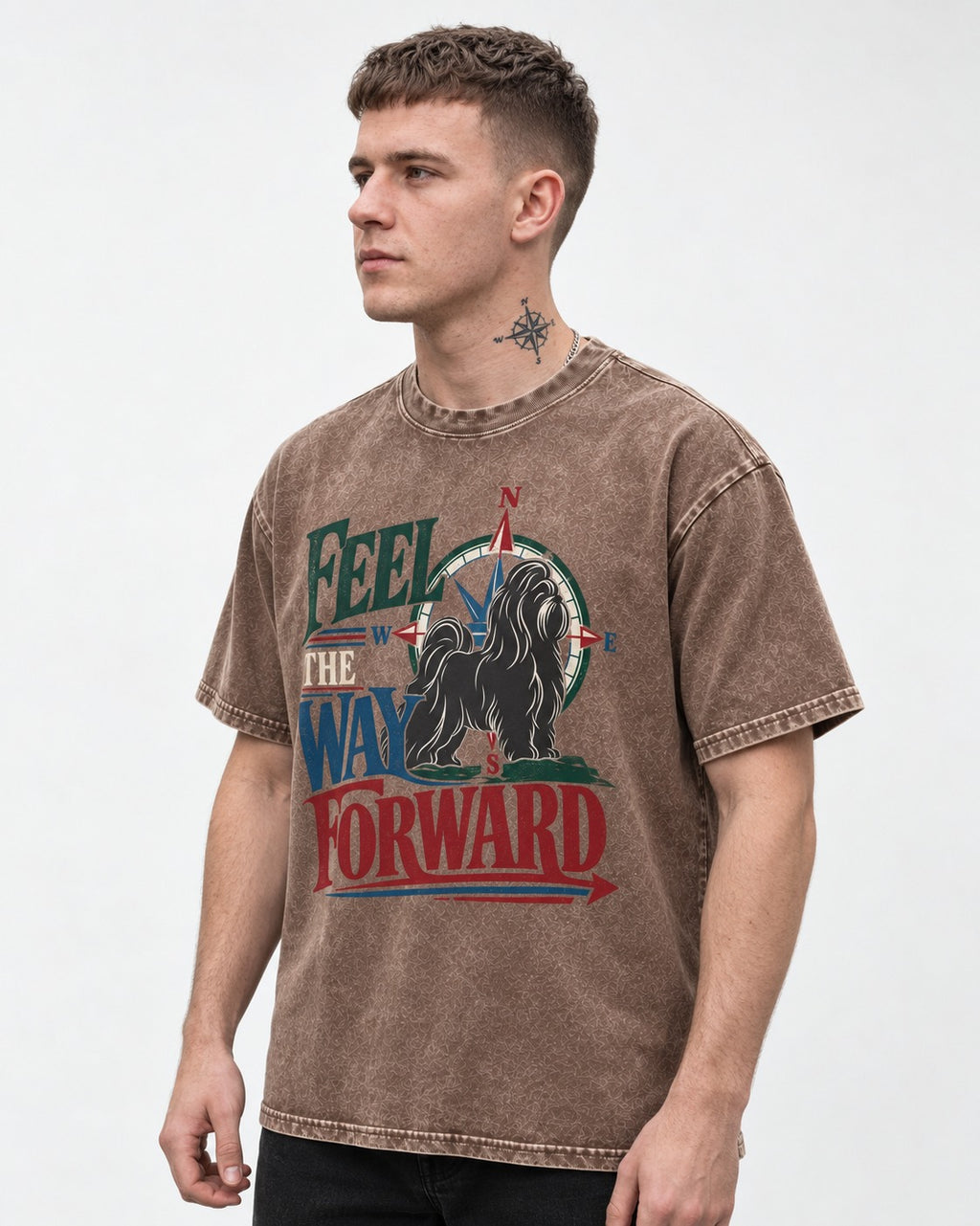 Shih Tzu Feel the Way Forward Compass Graphic Washed Tee in Coffee, worn by a model