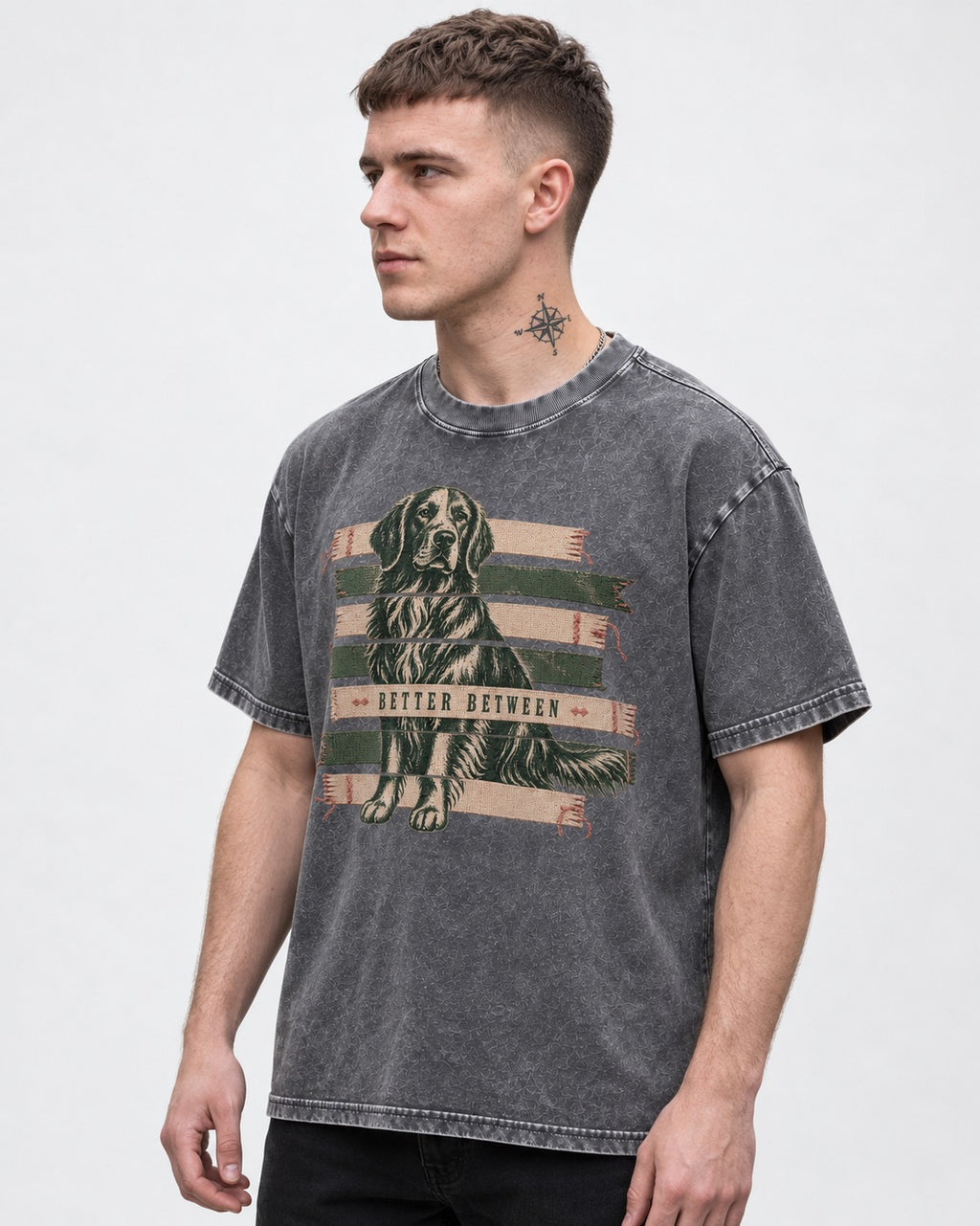 Golden Retriever Better Between Washed Tee in Gray, worn by a model