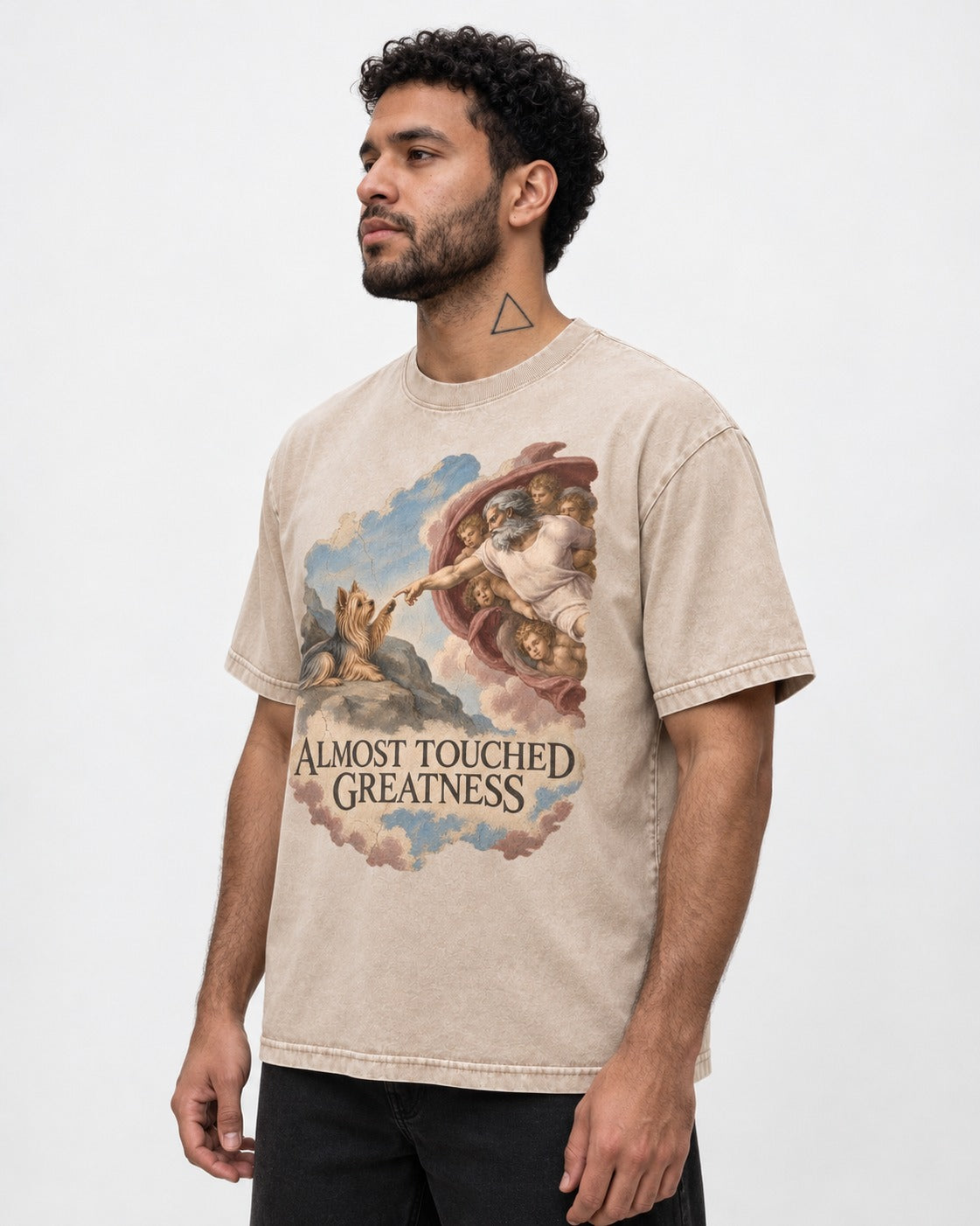 Yorkshire Terrier Almost Touched Greatness Creation Parody Graphic Washed Tee in Apricot, worn by a model