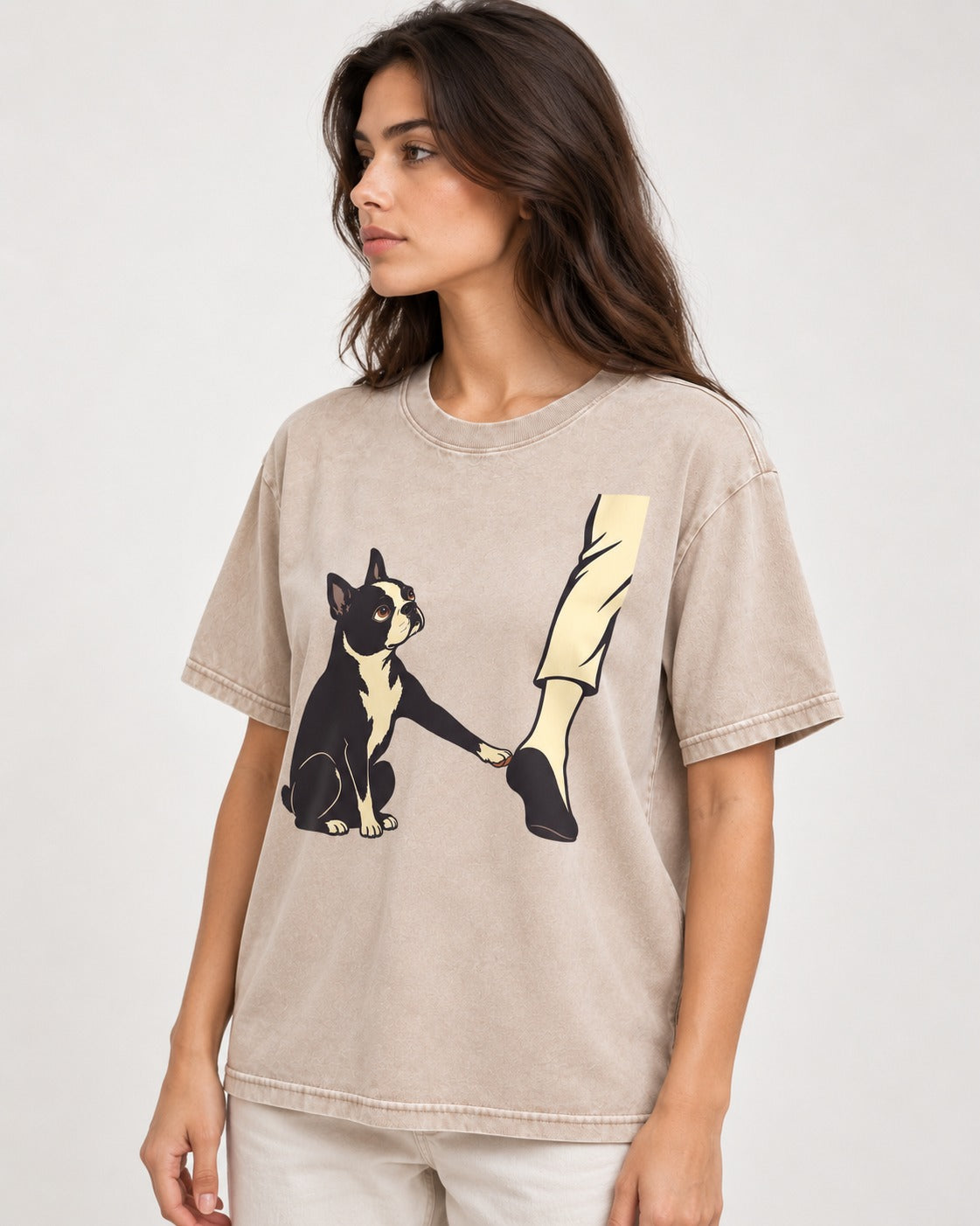 Boston Terrier Stay with Me Washed Tee in Apricot, worn by a model