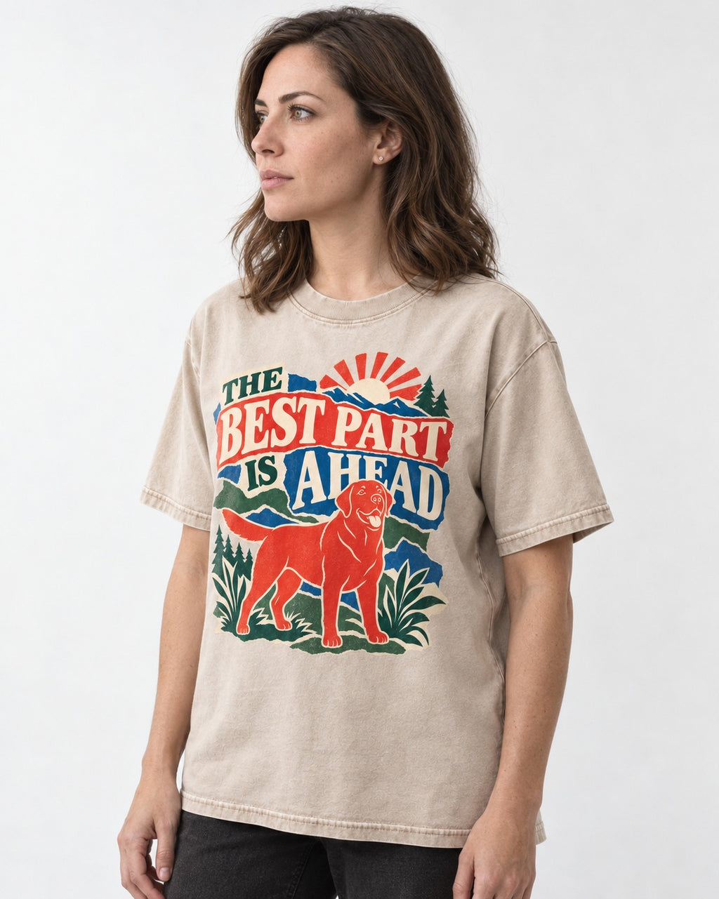 Labrador Retriever The Best Part Is Ahead Outdoor Graphic Washed Tee in Apricot, worn by a model