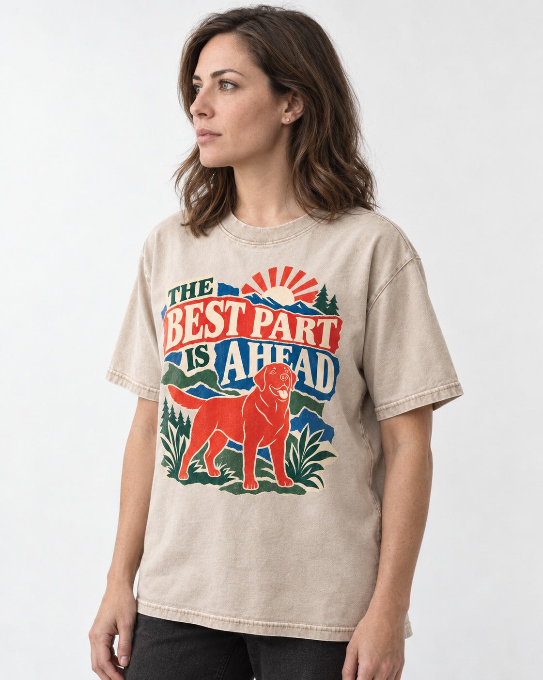 Labrador Retriever The Best Part Is Ahead Outdoor Graphic Washed Tee in Apricot, worn by a model