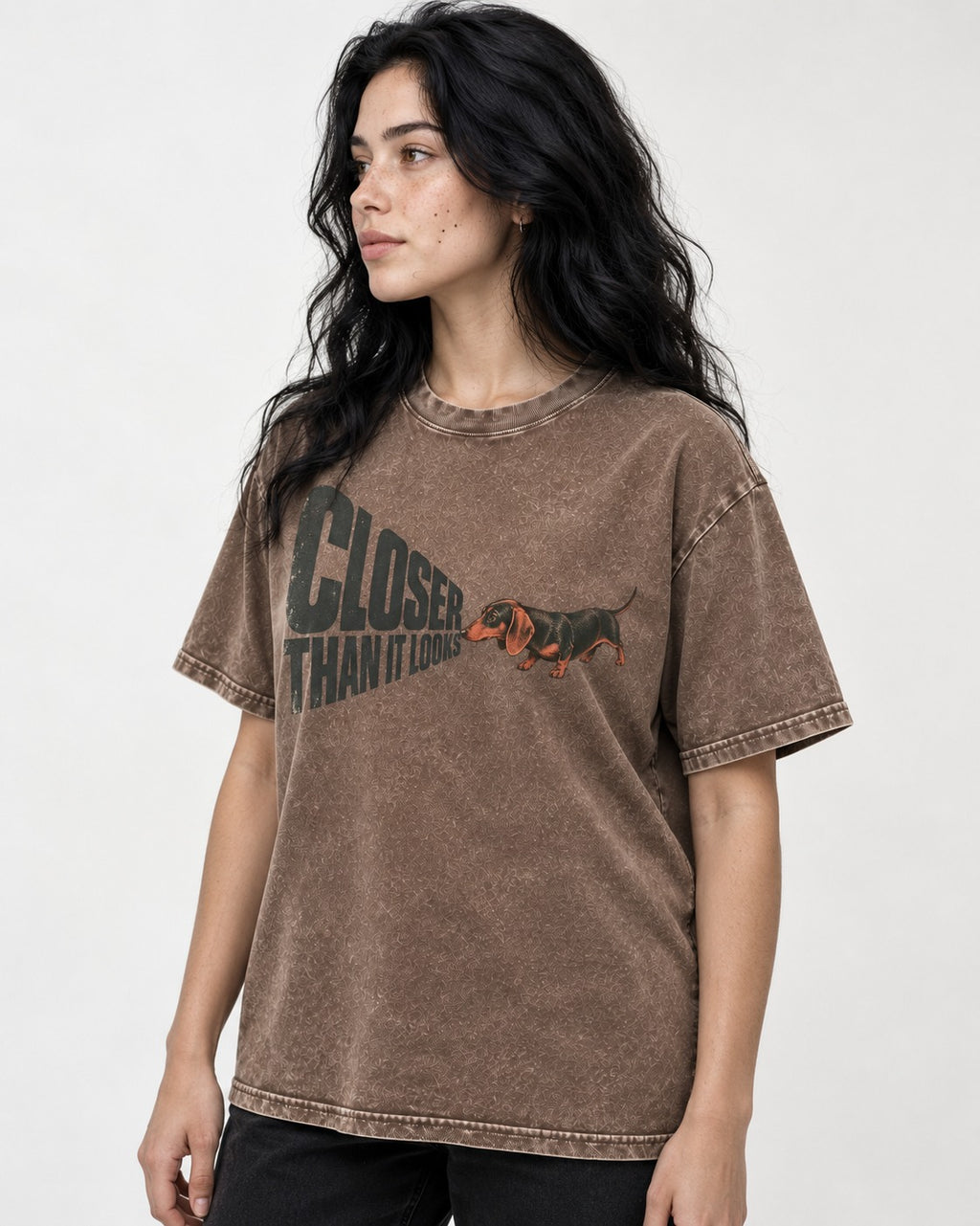 Dachshund Closer Than It Looks Washed Tee in Coffee, worn by a model