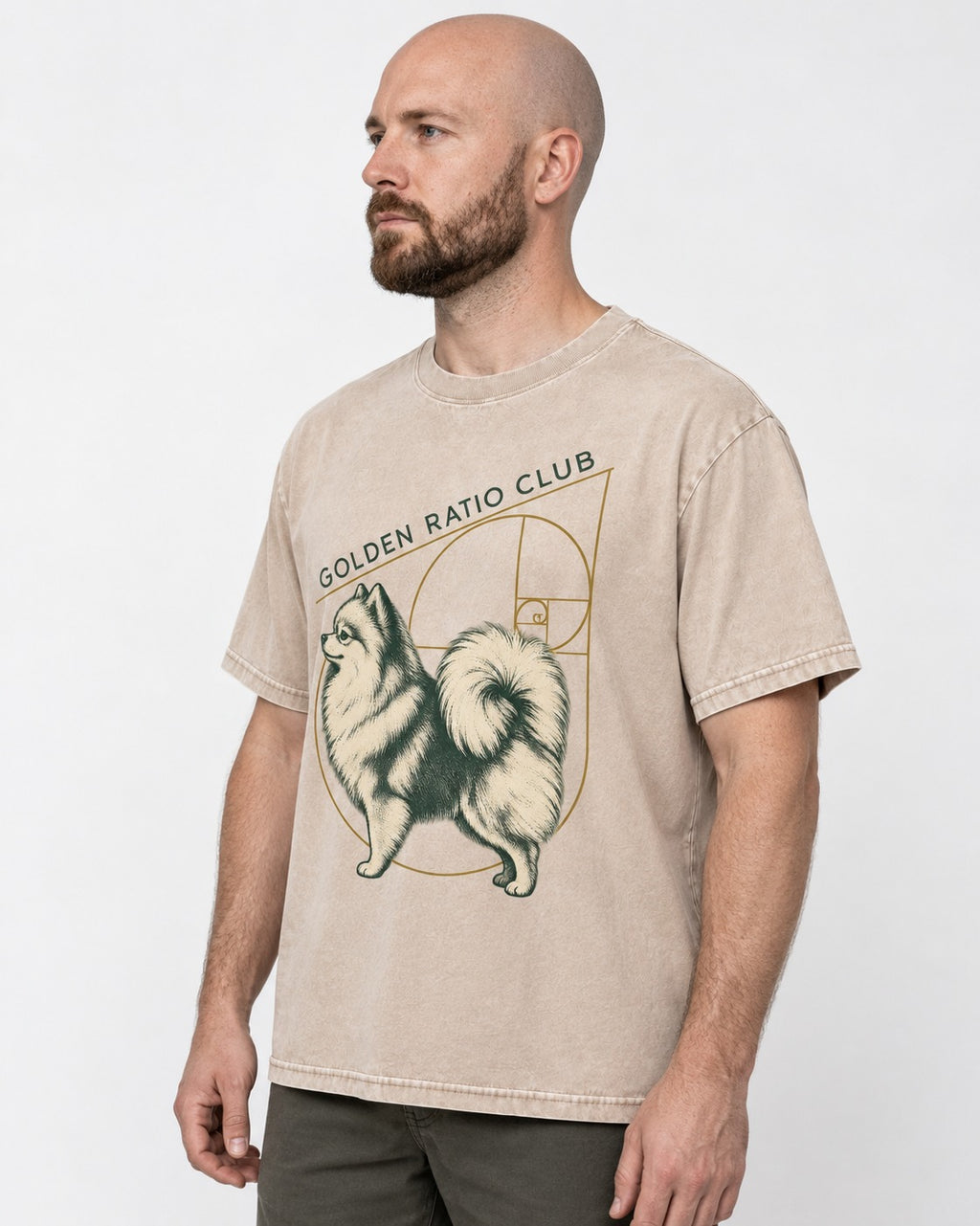 Pomeranian Golden Ratio Club Washed Tee in Apricot, worn by a model