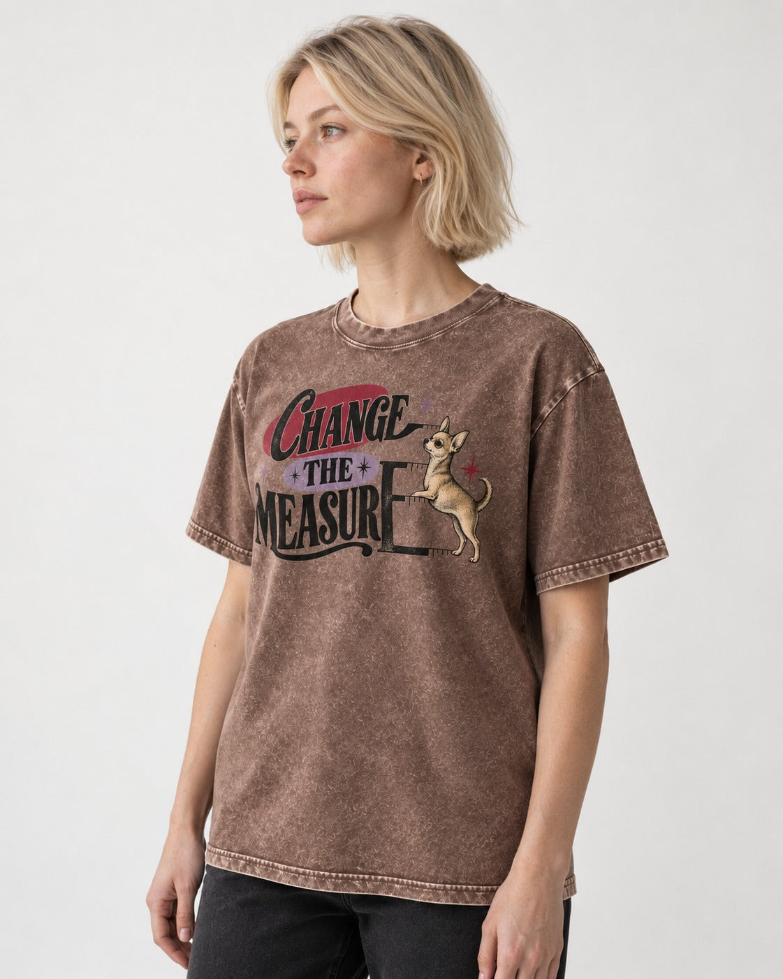 Change the Measure Chihuahua Washed Tee in Coffee, worn by a model