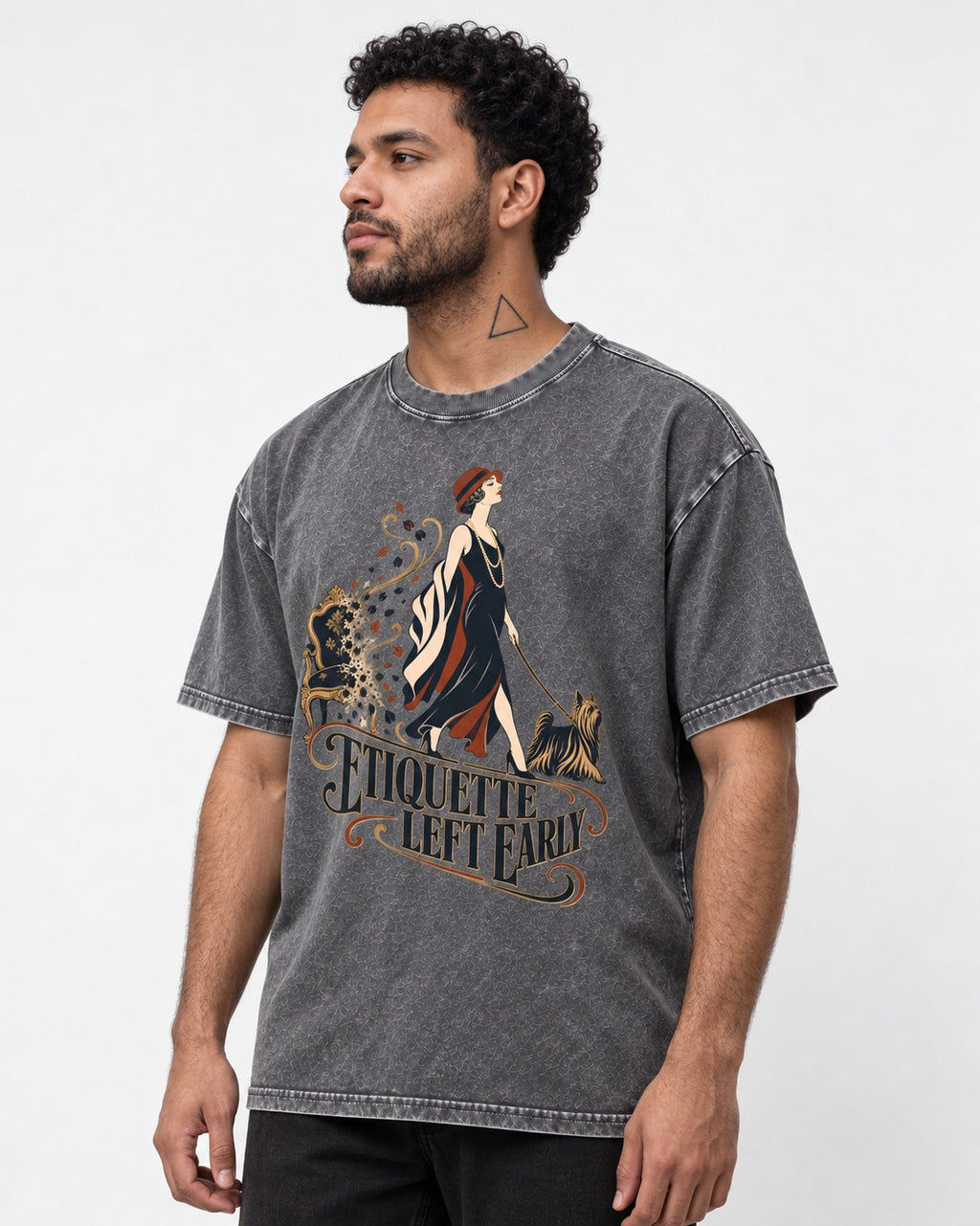 Yorkshire Terrier Etiquette Left Early Washed Tee in Gray, worn by a model