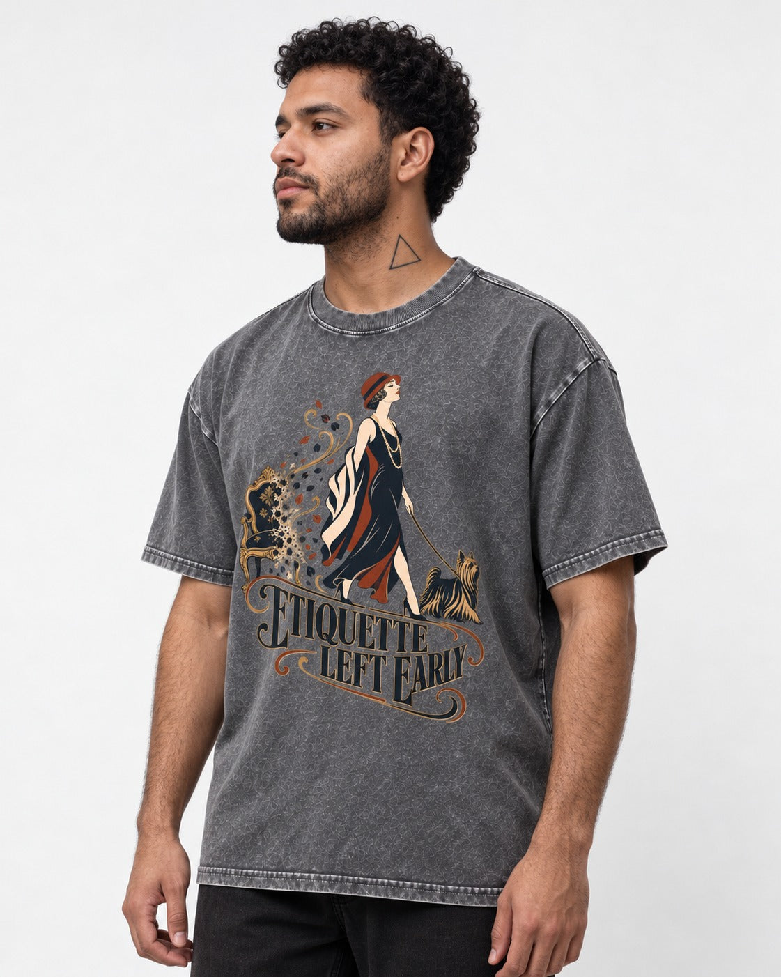 Yorkshire Terrier Etiquette Left Early Washed Tee in Gray, worn by a model