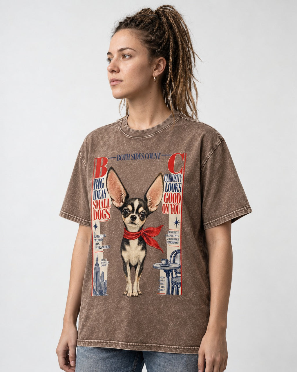 Chihuahua Big Ideas Washed Tee in Coffee, worn by a model