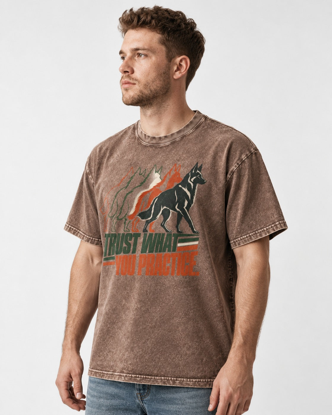 Trust What You Practice German Shepherd Dog Washed Tee in Coffee, worn by a model