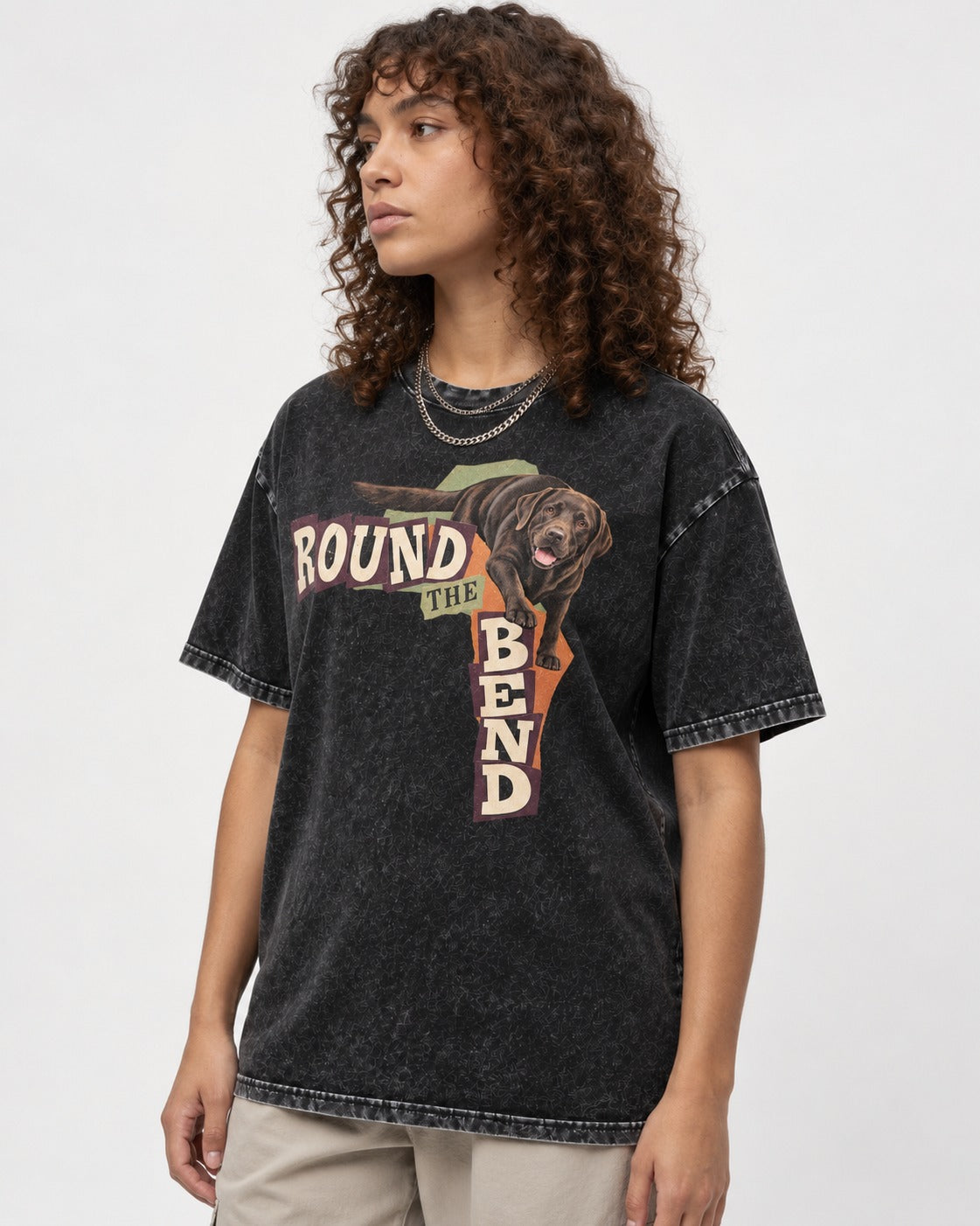 Labrador Retriever Round the Bend Collage Graphic Washed Tee in Black, worn by a model