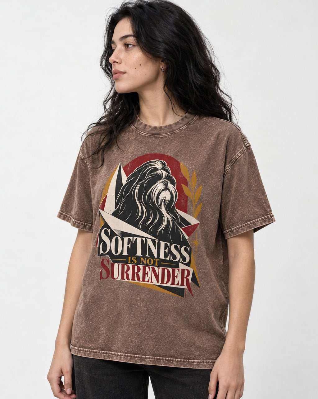 Shih Tzu Softness Is Not Surrender Washed Tee in Coffee, worn by a model