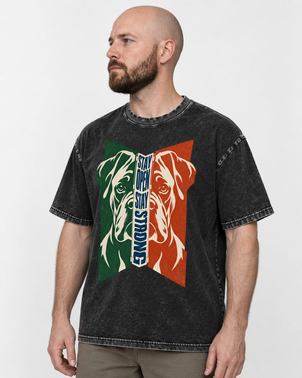 Boxer Stay Open Stay Strong Washed Tee in Black, worn by a model