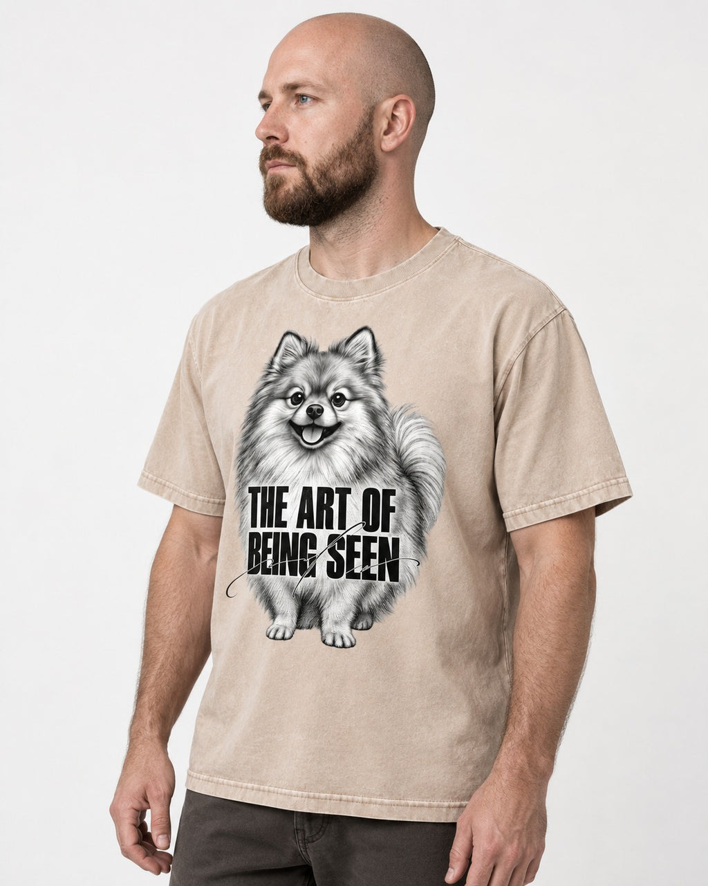 Pomeranian The Art of Being Seen Portrait Graphic Washed Tee in Apricot, worn by a model