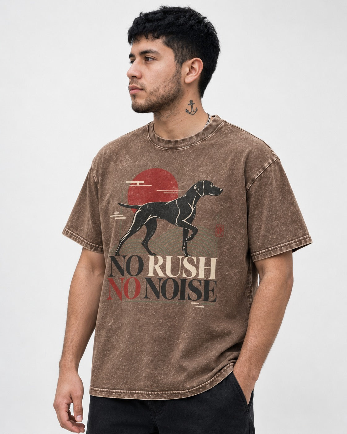 German Shorthaired Pointer No Rush No Noise Sunset Graphic Washed Tee in Coffee, worn by a model