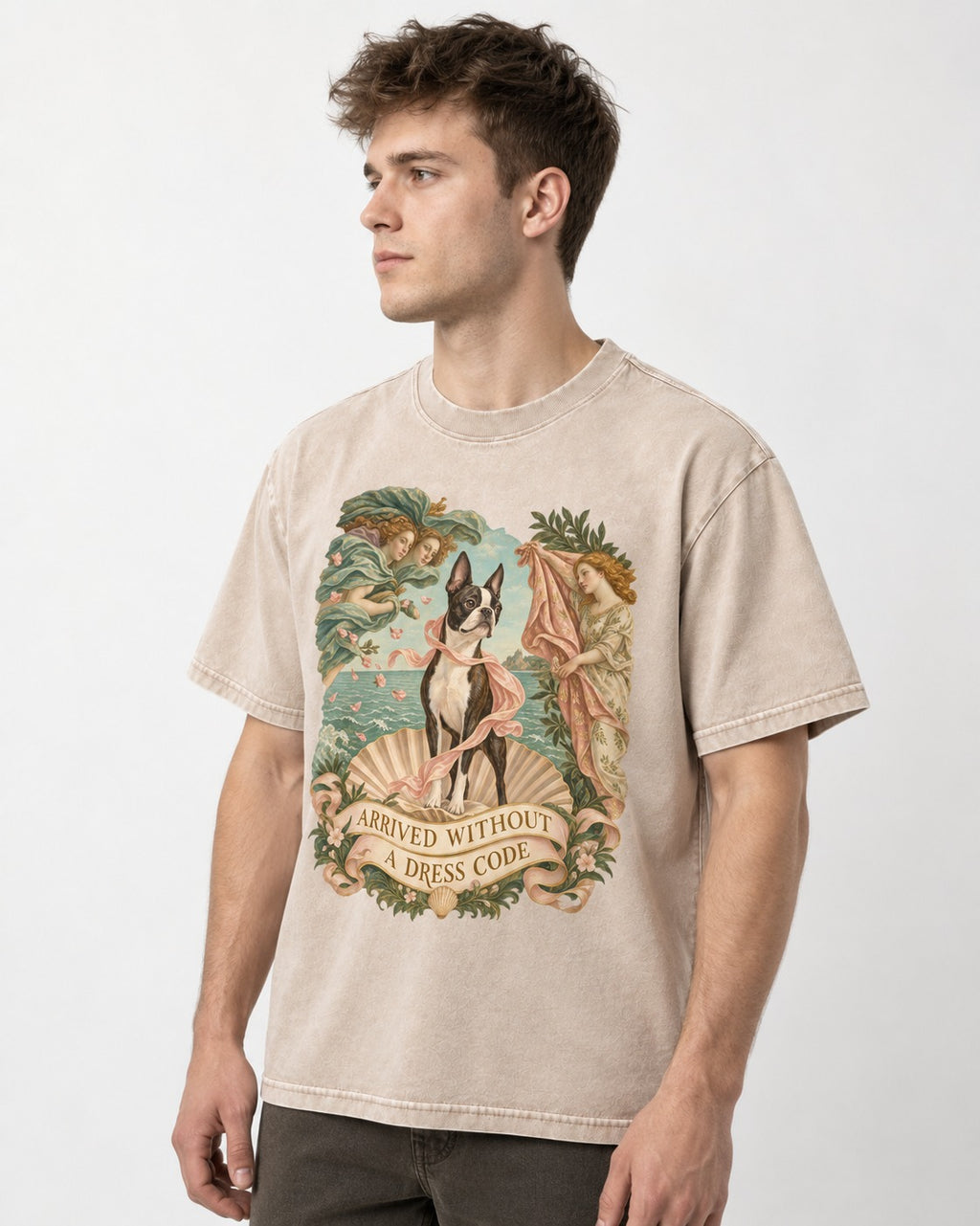 Arrived Without a Dress Code Boston Terrier Venus Parody Washed Tee in Apricot, worn by a model