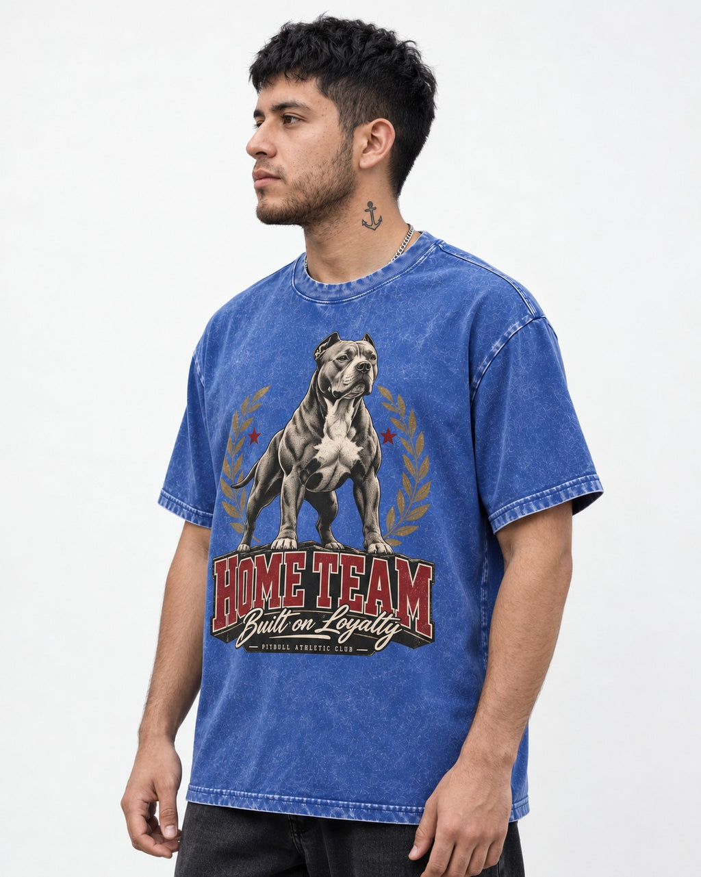 Pitbull Home Team Loyalty Crest Graphic Washed Tee in Royal Blue, worn by a model