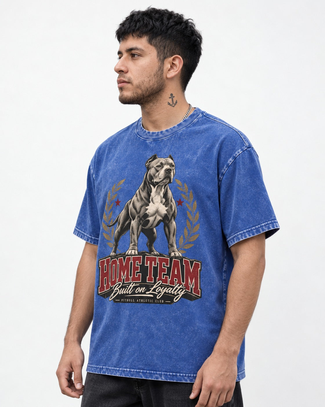 Pitbull Home Team Loyalty Crest Graphic Washed Tee in Royal Blue, worn by a model