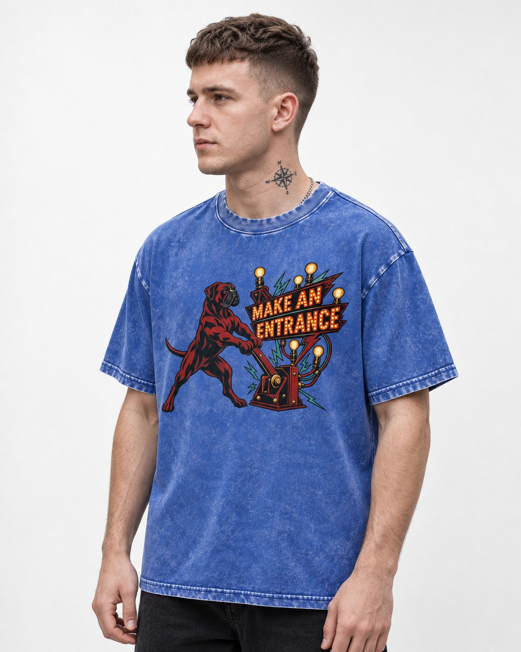 Boxer Make an Entrance Washed Tee in Royal Blue, worn by a model