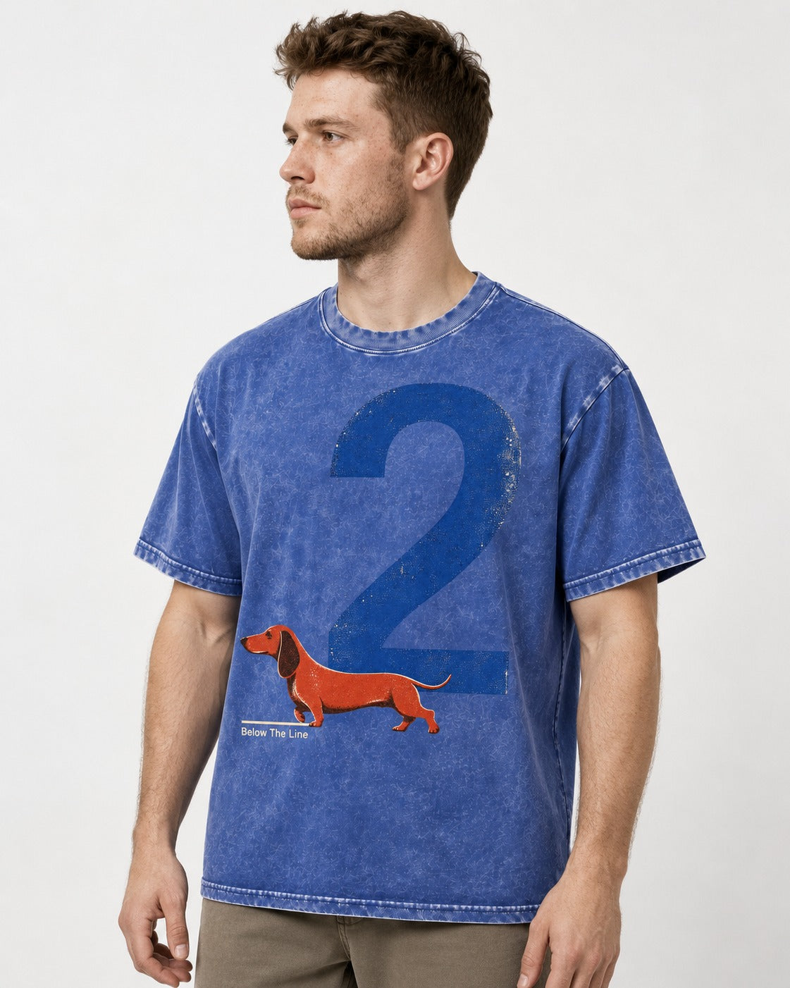 Dachshund Below The Line Number Two Graphic Washed Tee in Royal Blue, worn by a model