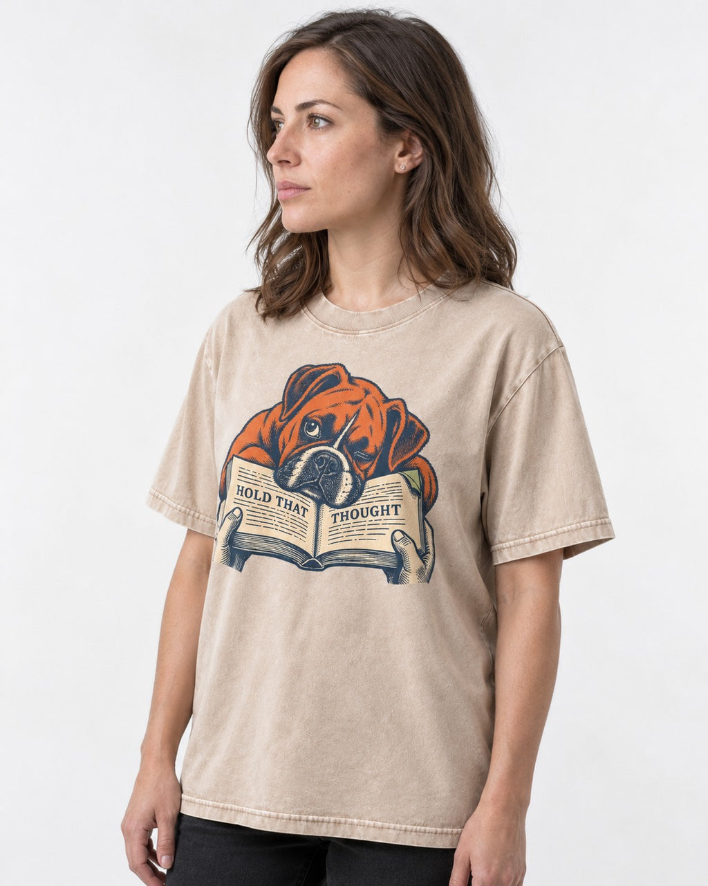 Boxer Hold That Thought Washed Tee in Apricot, worn by a model