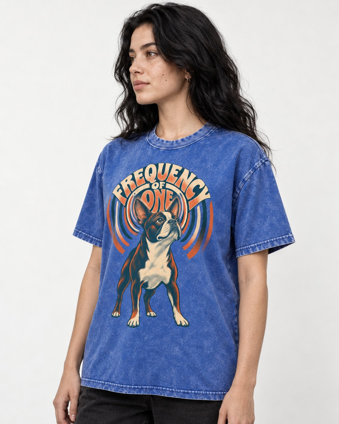 Frequency of One Boston Terrier Graphic Washed Tee in Royal Blue, worn by a model