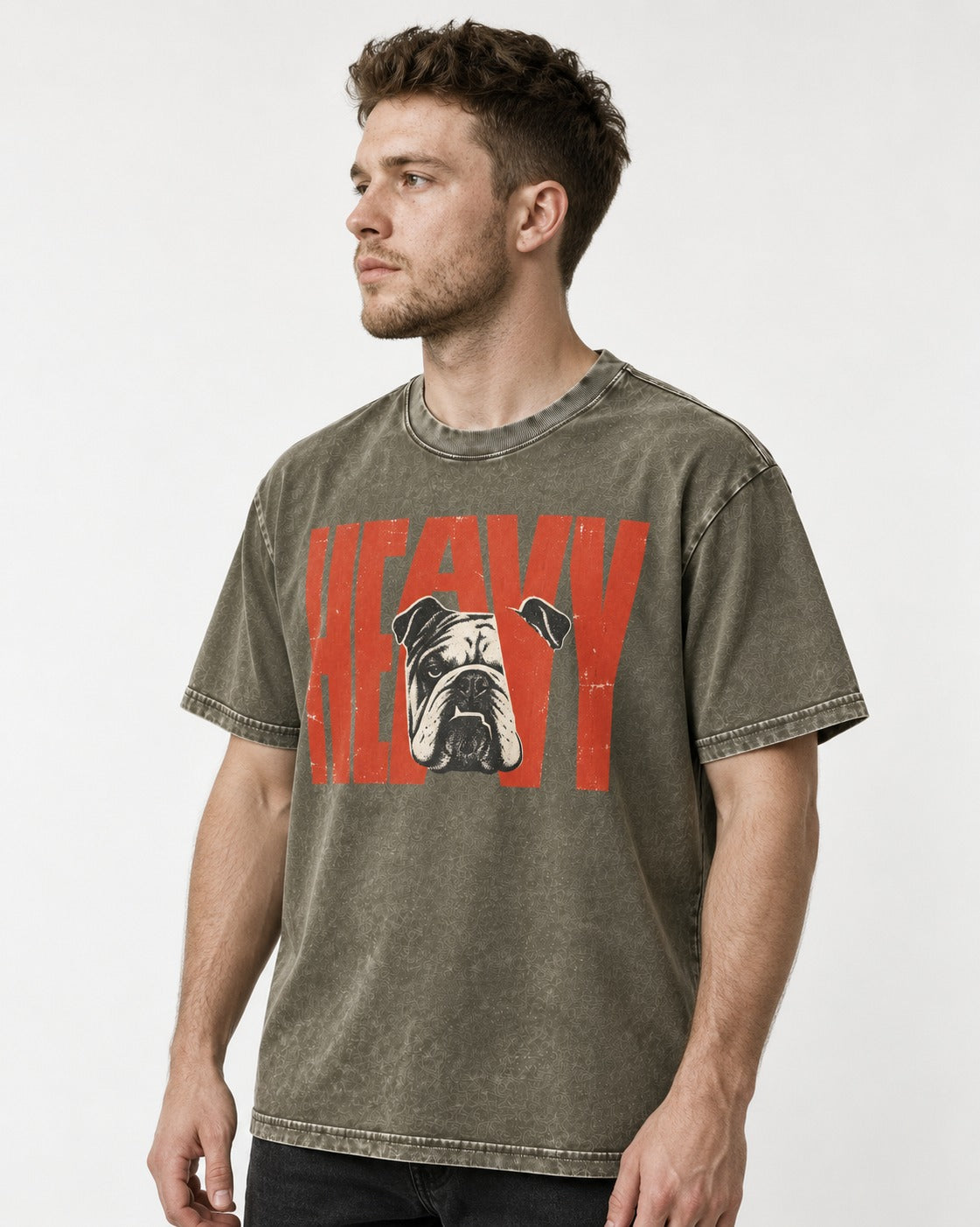 English Bulldog Heavy Stacked Portrait Graphic Washed Tee in Army Green, worn by a model