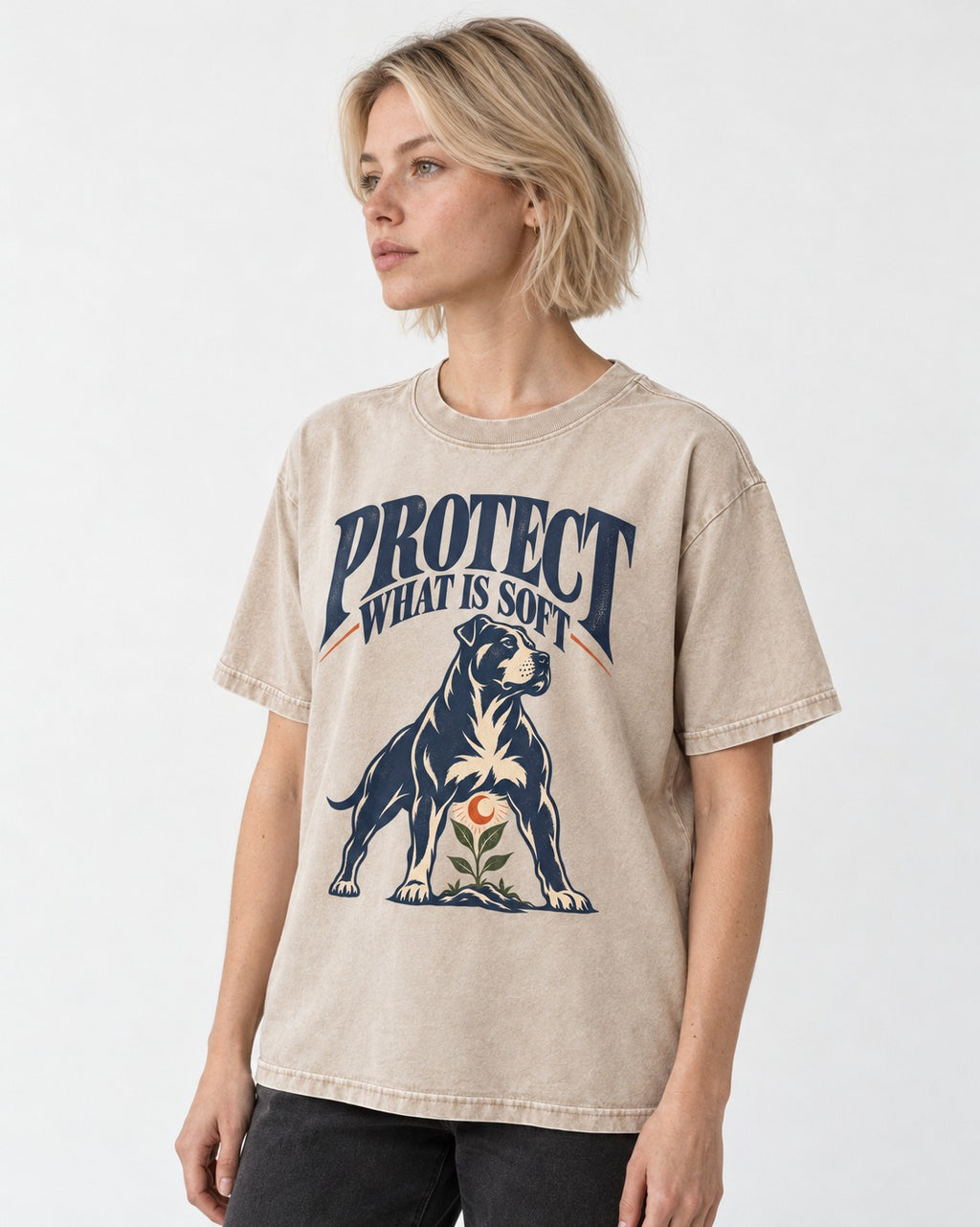 Protect What Is Soft Pitbull Washed Tee in Apricot, worn by a model