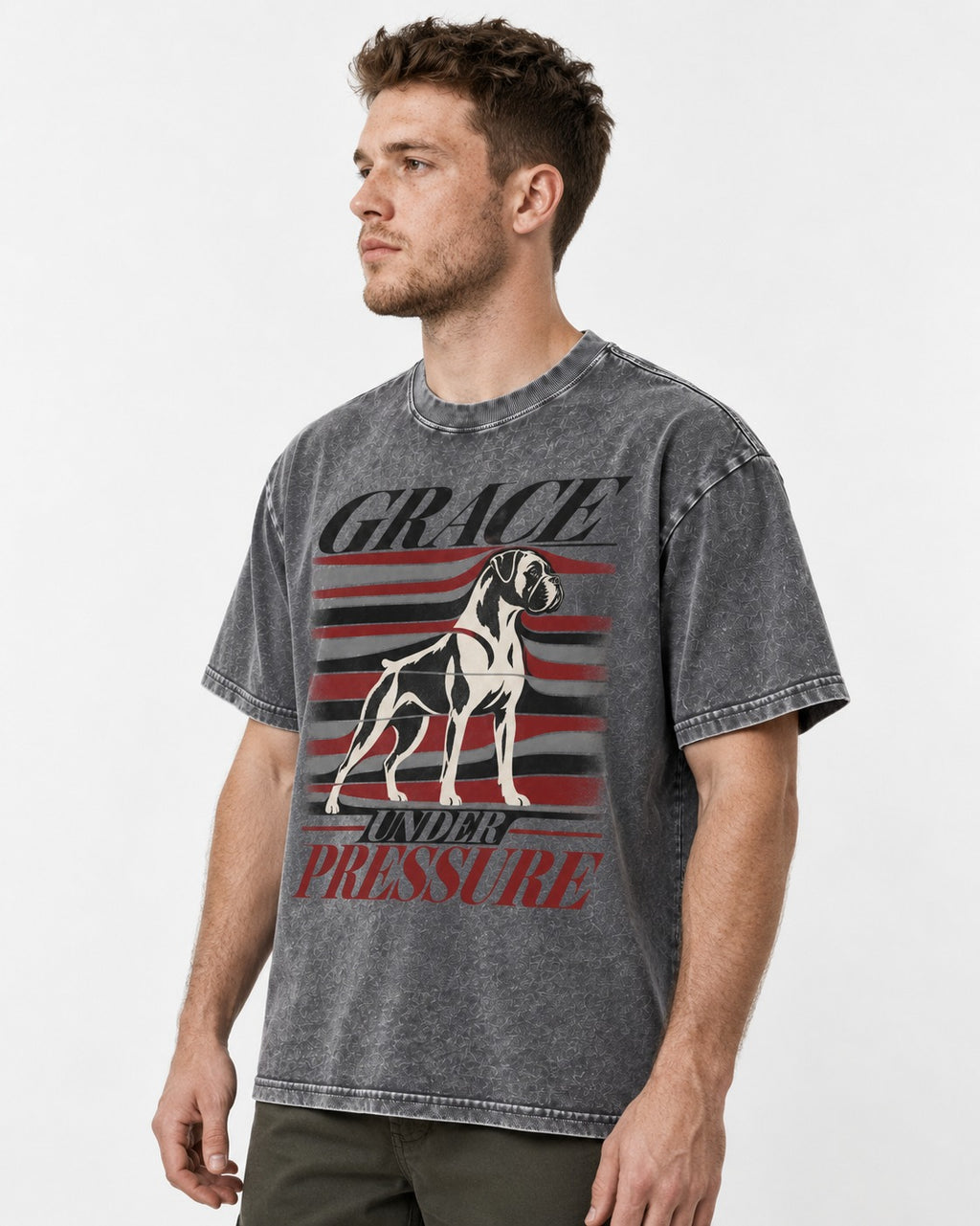 Boxer Grace Under Pressure Washed Tee in Gray, worn by a model