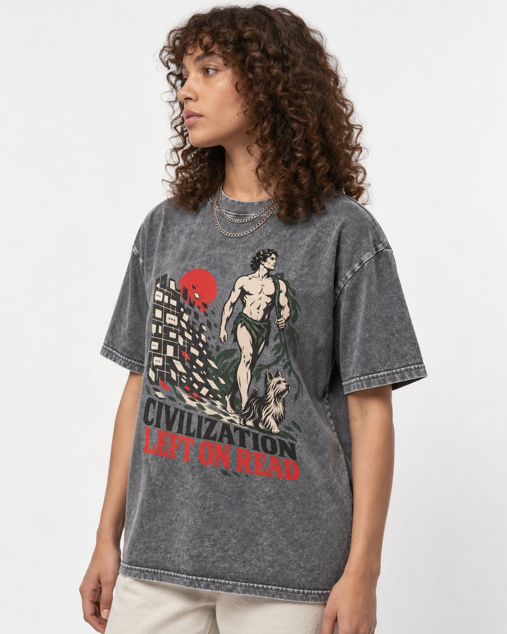 Yorkshire Terrier Left Civilization on Read Washed Tee in Gray, worn by a model