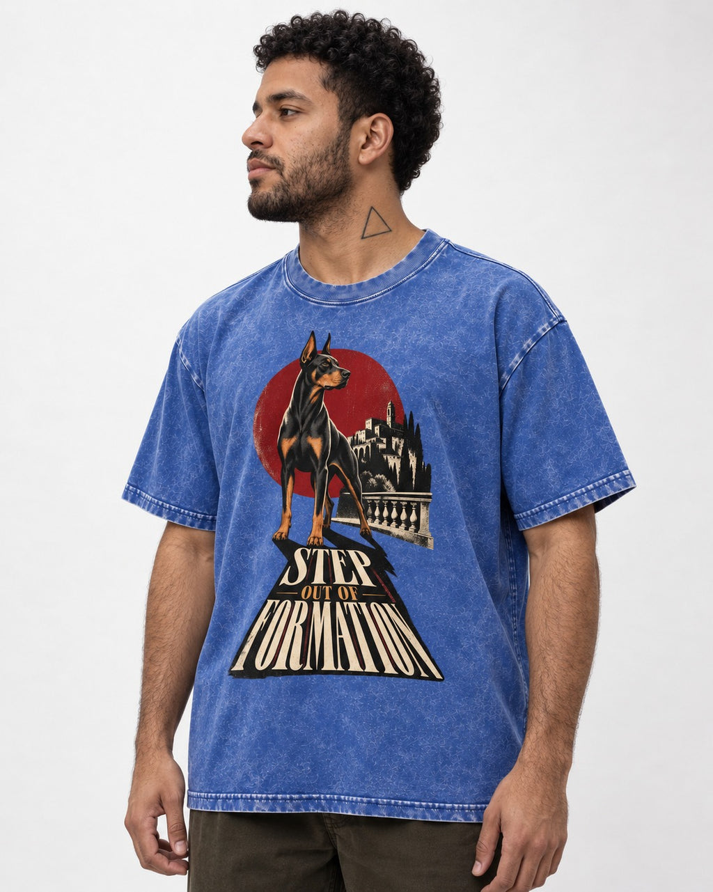 Doberman Step Out of Formation Road Vista Graphic Washed Tee in Royal Blue, worn by a model