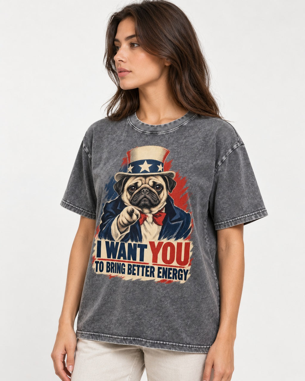 Pug I Want You to Bring Better Energy Uncle Sam Graphic Washed Tee in Gray, worn by a model