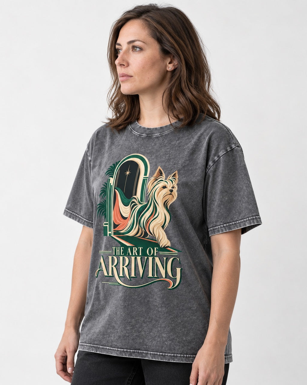 Yorkshire Terrier Arriving Washed Tee in Gray, worn by a model