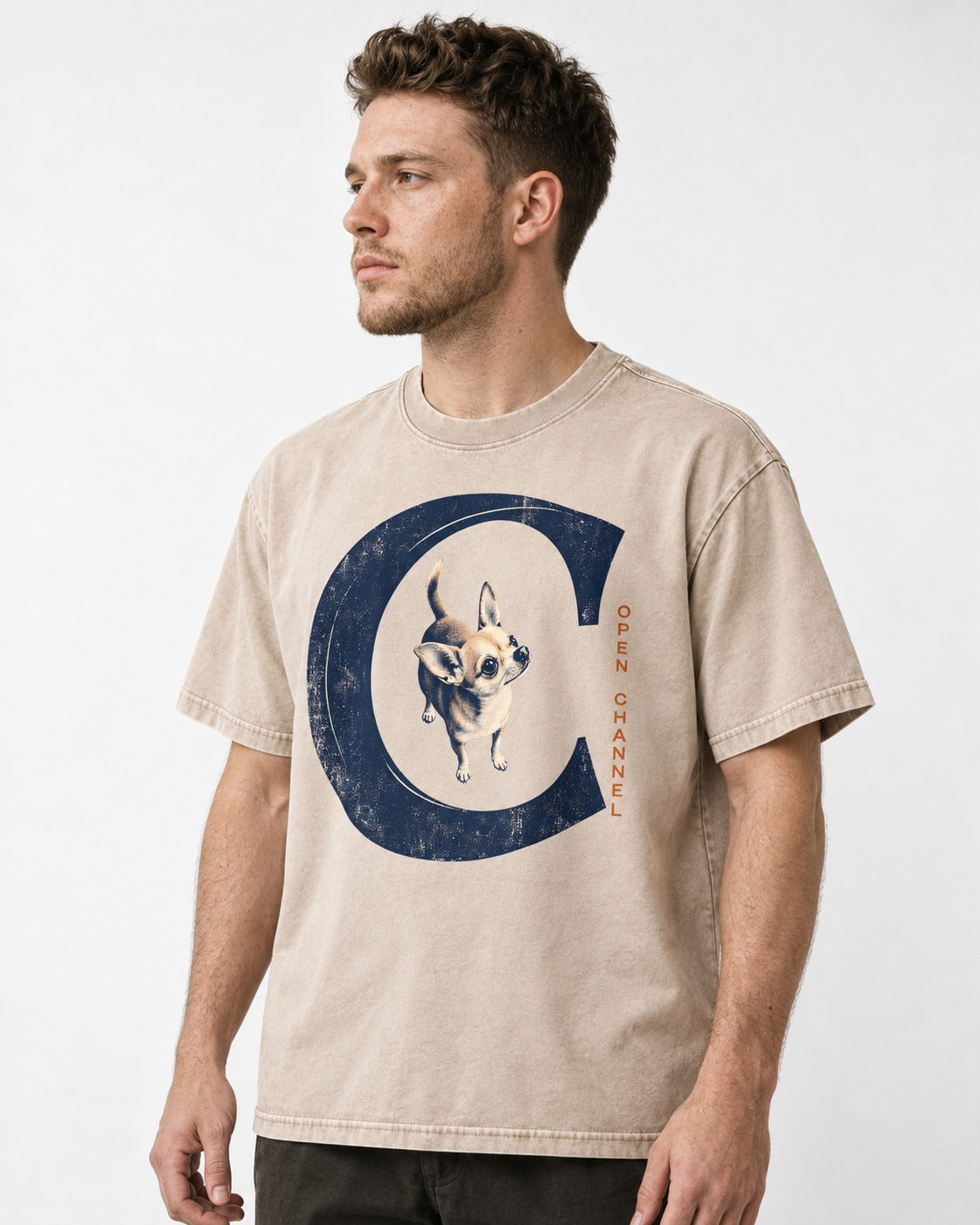 Chihuahua Open Channel Washed Tee in Apricot, worn by a model
