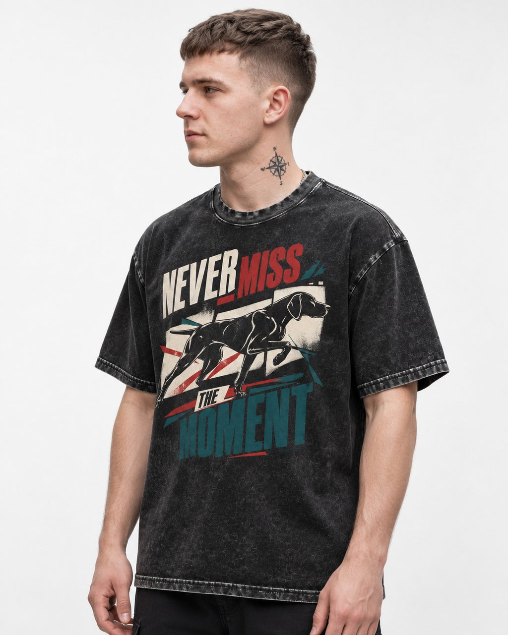 German Shorthaired Pointer Never Miss the Moment Filmstrip Graphic Washed Tee in Black, worn by a model