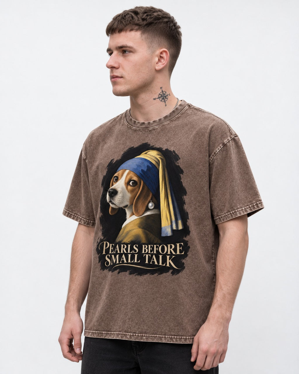 Beagle Paris Before Small Talk Washed Tee in Coffee, worn by a model