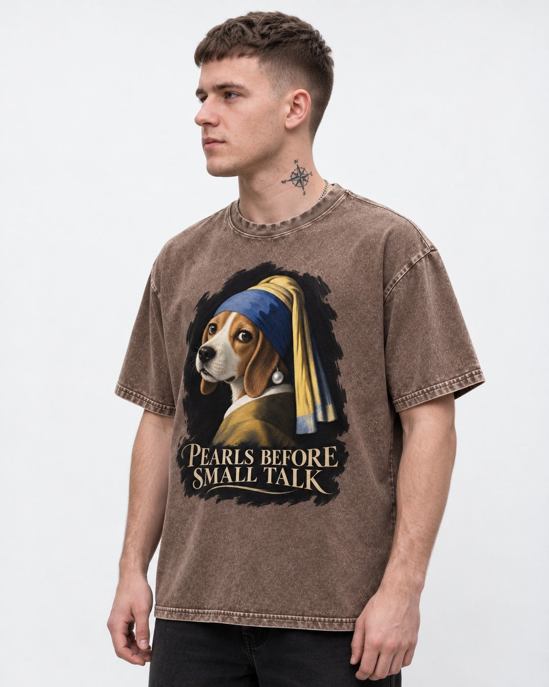 Beagle Paris Before Small Talk Washed Tee in Coffee, worn by a model
