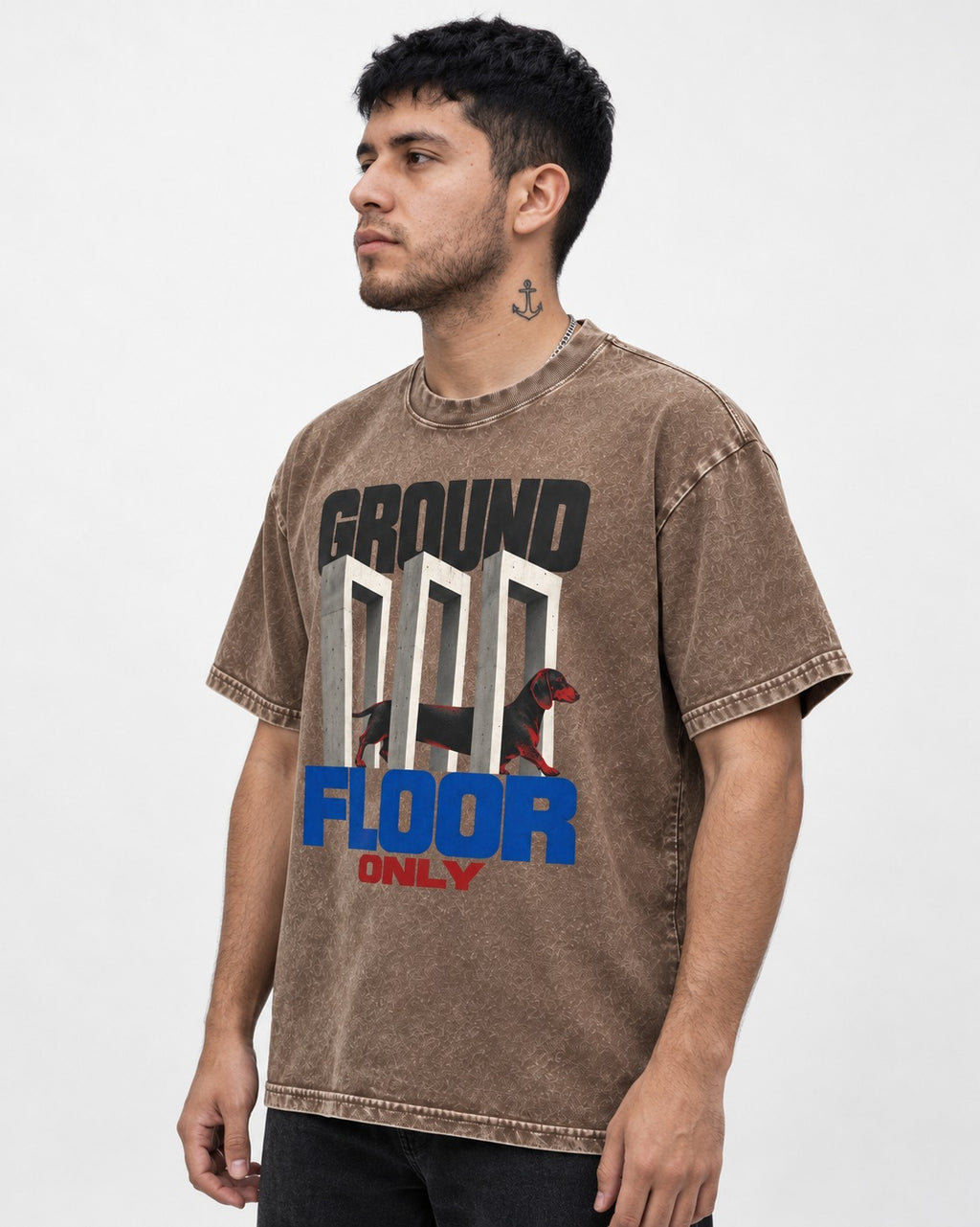 Ground Floor Only Dachshund Washed Tee in Coffee, worn by a model