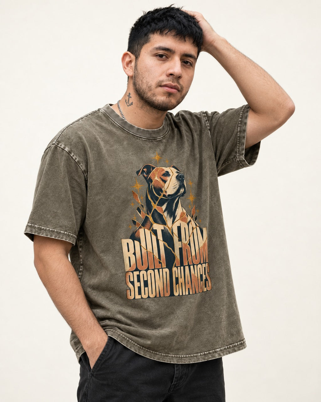 Pitbull Built from Second Chances Kintsugi Graphic Washed Tee in Army Green, worn by a model