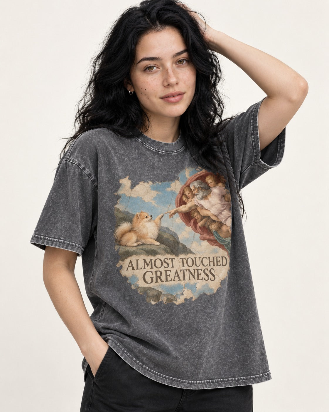 Pomeranian Almost Touched Greatness Fresco Graphic Washed Tee in Gray, worn by a model
