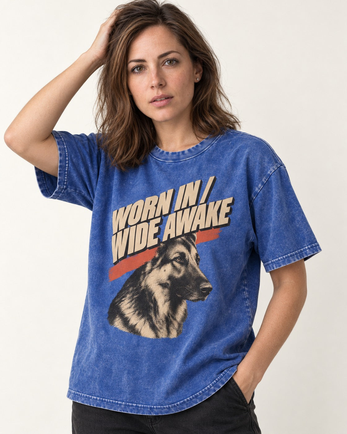 Worn In Wide Awake Portrait German Shepherd Dog Graphic Washed Tee in Royal Blue, worn by a model