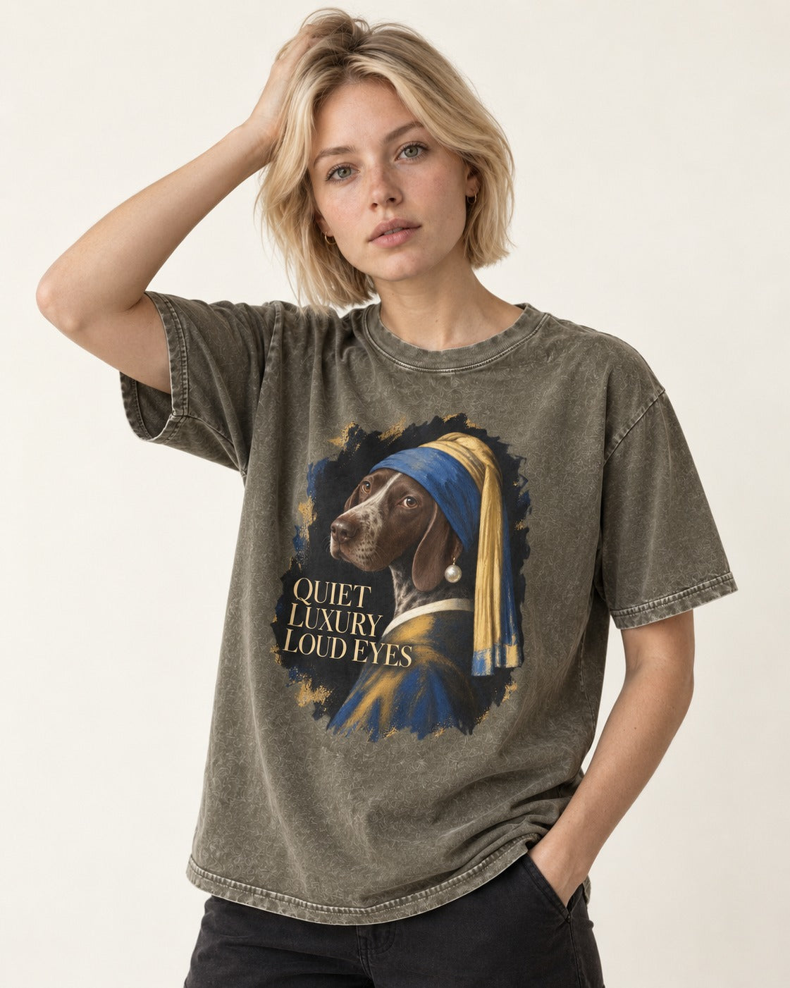 German Shorthaired Pointer Quiet Luxury Loud Eyes Pearl Earring Portrait Graphic Washed Tee in Army Green, worn by a model