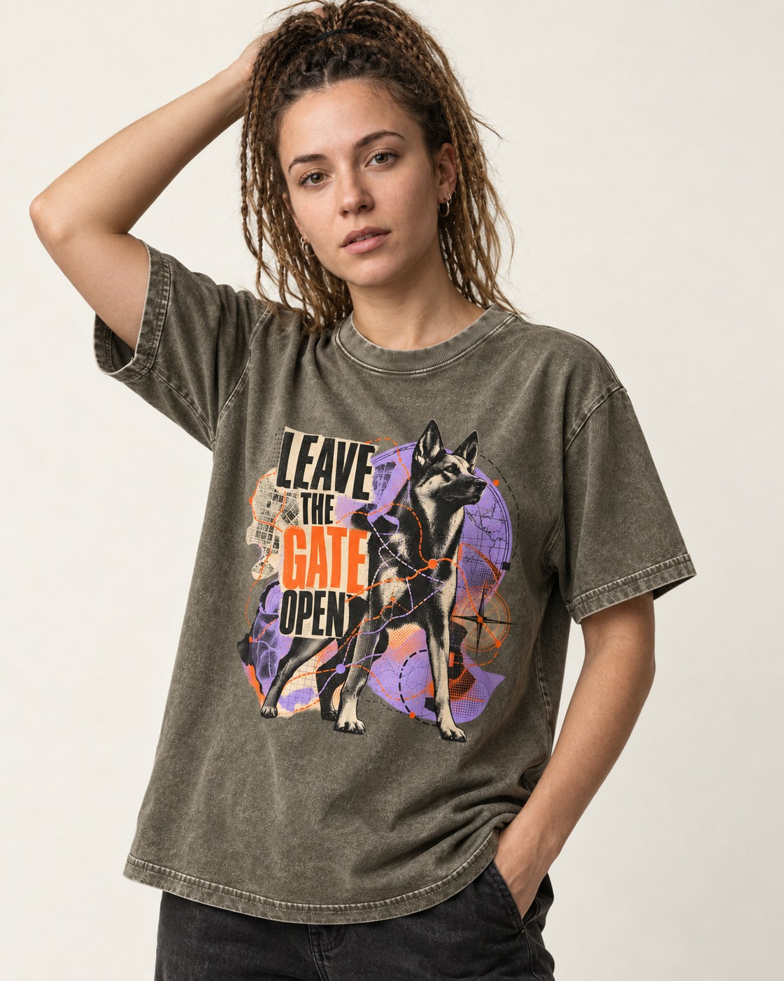 Leave The Gate Open Transit Collage German Shepherd Dog Graphic Washed Tee in Army Green, worn by a model