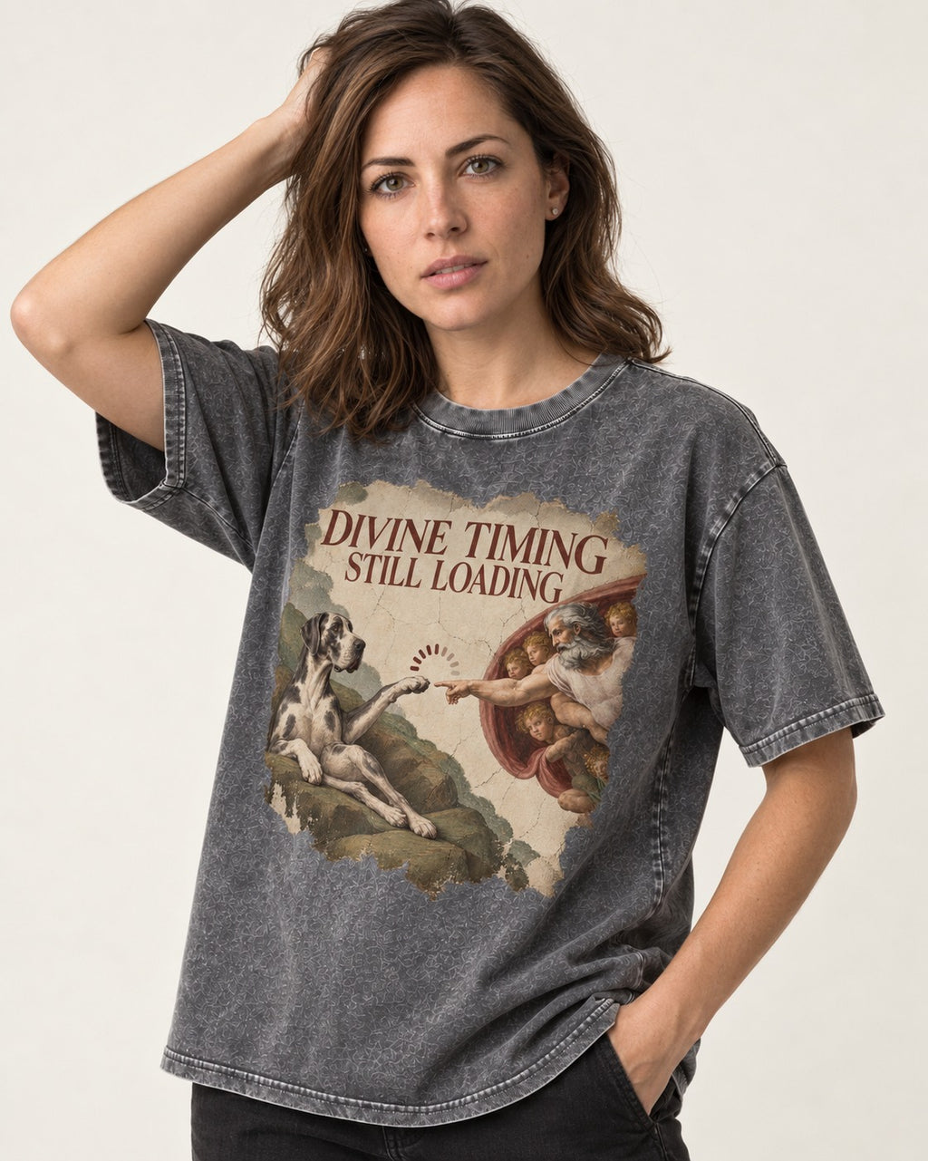 Great Dane Divine Timing Still Loading Washed Tee in Gray, worn by a model