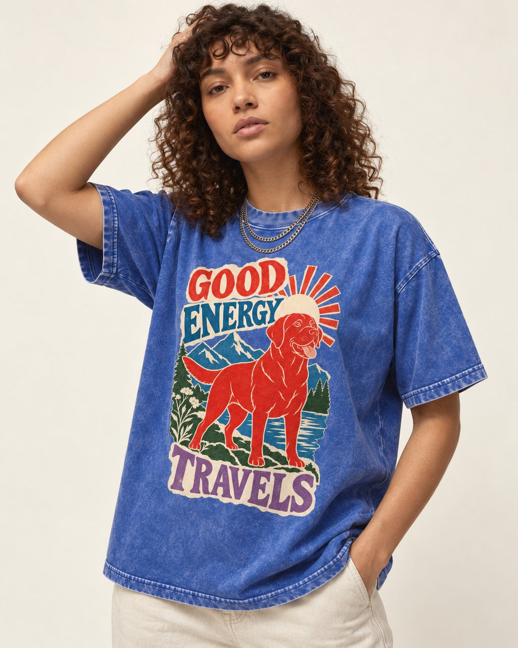 Labrador Retriever Good Energy Travels Adventure Graphic Washed Tee in Royal Blue, worn by a model