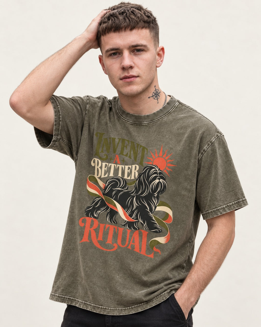 Shih Tzu Invent A Better Ritual Sunrise Ribbon Graphic Washed Tee in Army Green, worn by a model