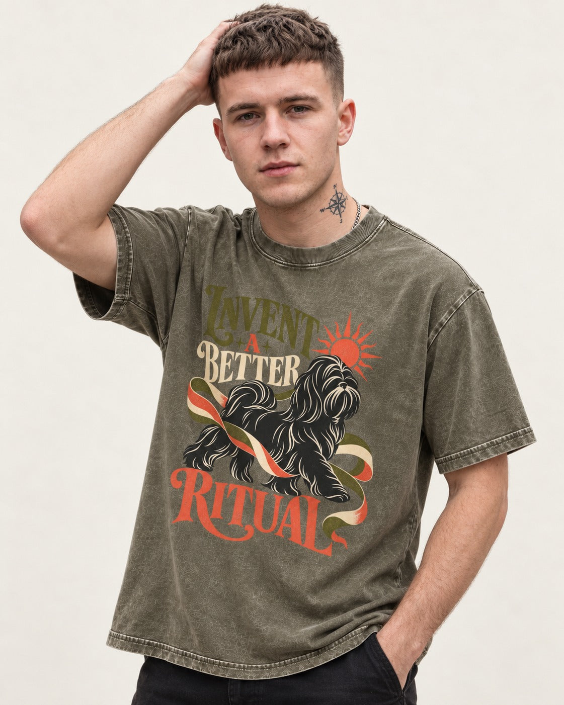 Shih Tzu Invent A Better Ritual Sunrise Ribbon Graphic Washed Tee in Army Green, worn by a model