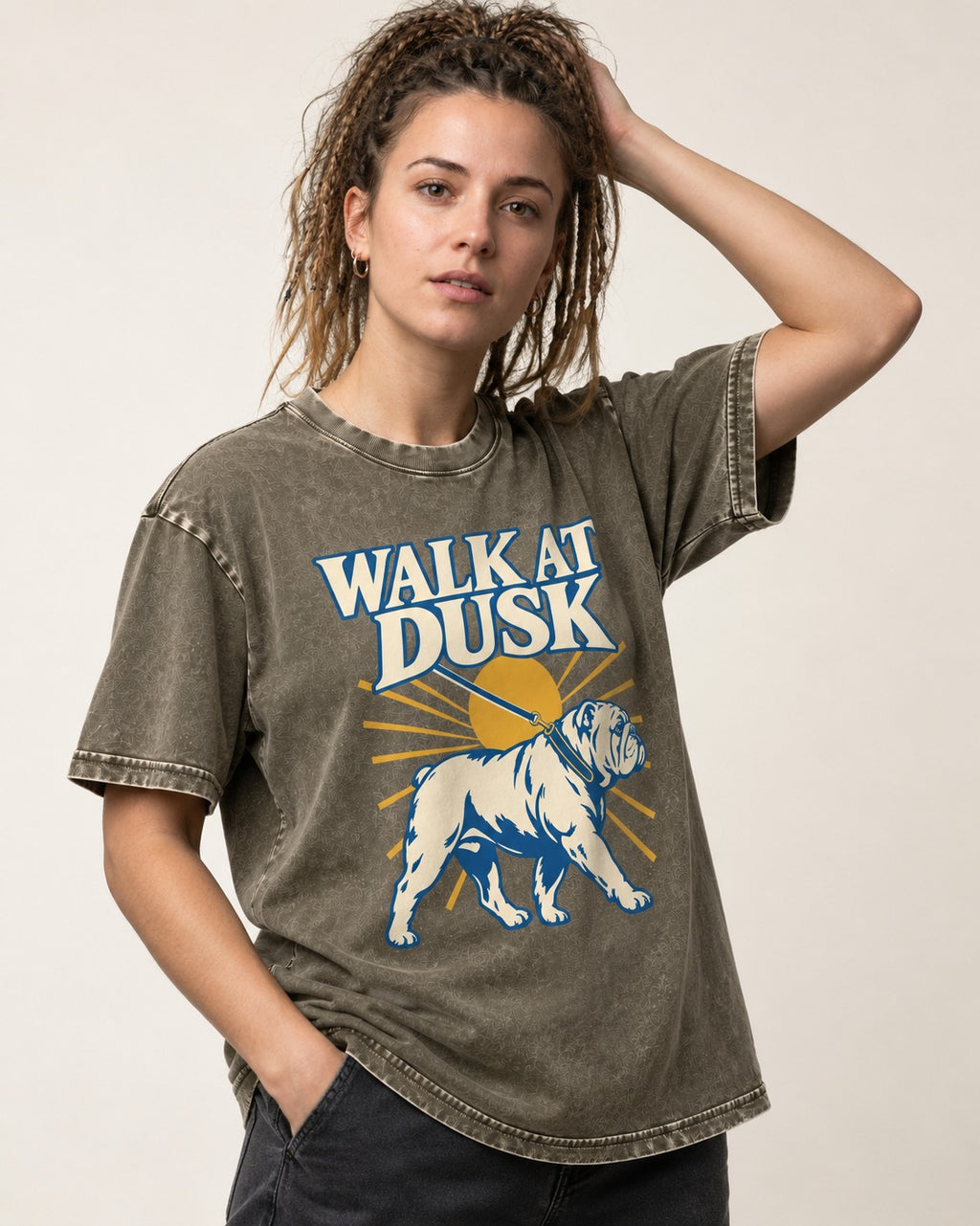 English Bulldog Walk at Dusk Sunset Graphic Washed Tee in Army Green, worn by a model
