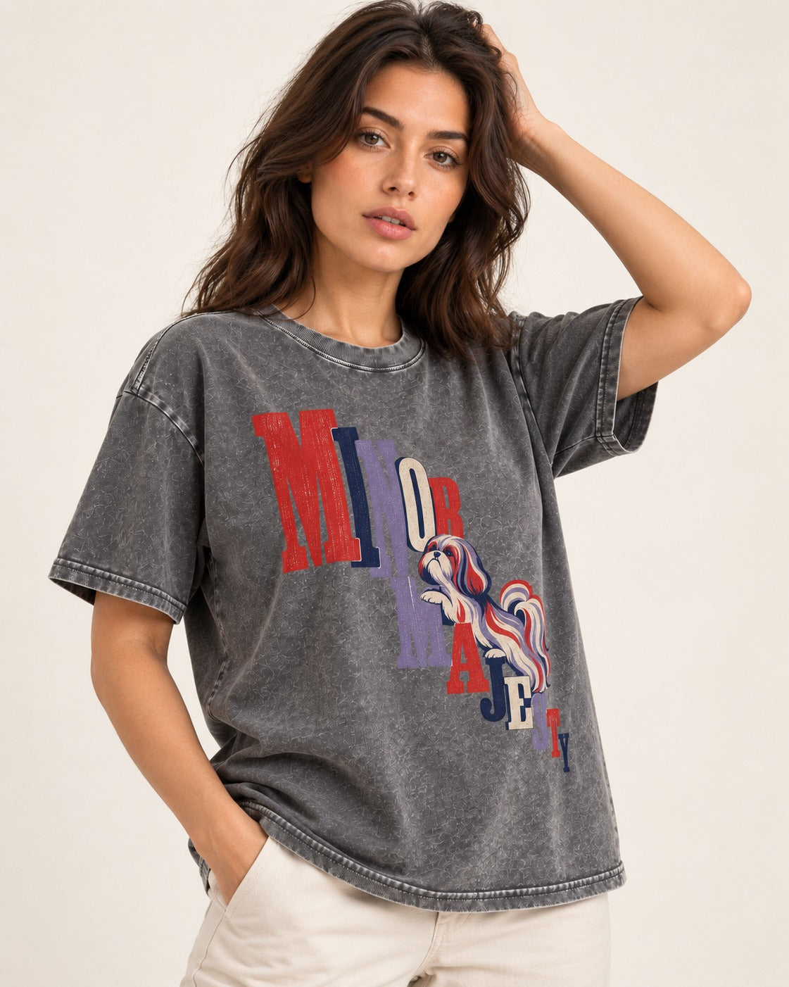 Shih Tzu Minor Majesty Washed Tee in Gray, worn by a model