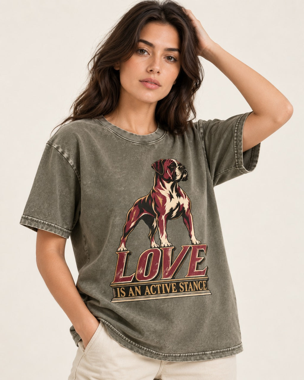 Love Is an Active Stance Boxer Pedestal Graphic Washed Tee in Army Green, worn by a model